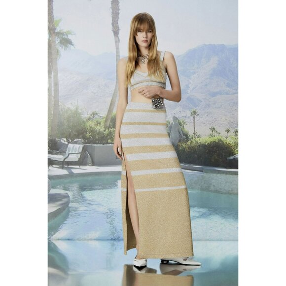 Paco Rabanne Gold Silver Stripe Metallic Knit Maxi Skirt Side Slit Glam Resort - Picture 14 of 14